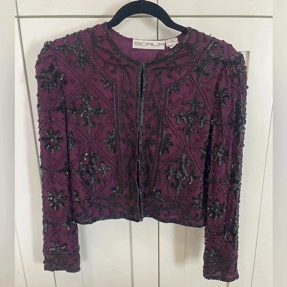 Scala Maroon Black Beaded Silk Evening Jacket - Picture 2 of 8